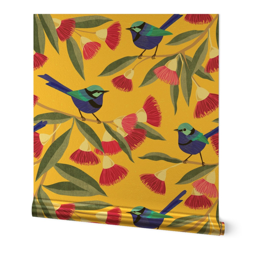 Splendid Fairy Wrens and Pink Eucalyptus - Custard Yellow, large scale by Cecca Designs