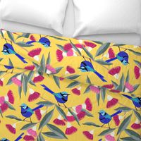 Splendid Fairy Wrens and Pink Eucalyptus - Custard Yellow, large scale by Cecca Designs