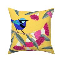 Splendid Fairy Wrens and Pink Eucalyptus - Custard Yellow, large scale by Cecca Designs