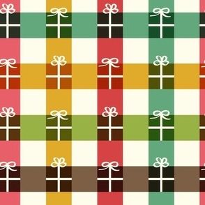 Ribbon Plaid in Warm Tones on Cream Ground with Bows on Presents