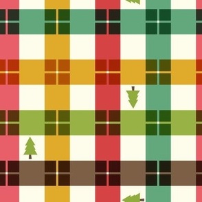 Ribbon Plaid in Warm Tones on Cream Ground with Christmas Trees