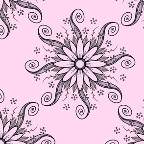 Daisy Swirls Black On Pink