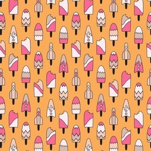 409 -  small scale  ice cream popsicles in, orange, hot raspberry pink, milk chocolate and vanilla, some shaped as rocket ships  - for kids apparel, dresses, leggings, tops, nursery accessories and children’s wallpaper, duvet cover, birthday party tablecl