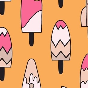 409 - Large scale  ice cream popsicles in, orange, hot raspberry pink, milk chocolate and vanilla, some shaped as rocket ships  - for kids apparel, dresses, leggings, tops, nursery accessories and children’s wallpaper, duvet cover, birthday party tableclo