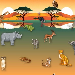 african savannah with elephant, rhino, giraffe, gazelle, alligator, hyena, meerkats, cheetah, tiger, iguana, water buffalo