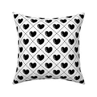 Quilted Black Hearts on White Background - Large