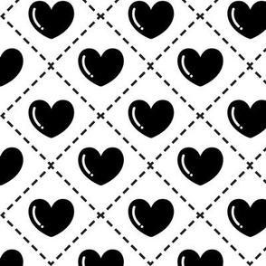 Quilted Black Hearts on White Background - Large