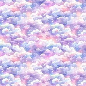 Whimsical Watercolor Sky Full of Stars and Clouds - Medium 