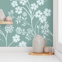 Light and airy white floral  up on teal blue background large scale