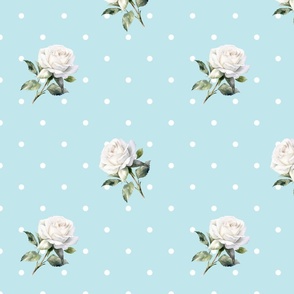 White Roses and Polka Dots on a Blue Background - Medium