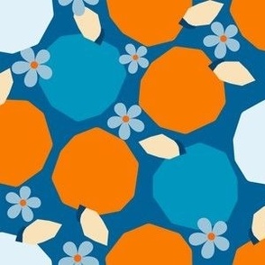 Geometric Oranges & Daisies on Blue - 6x6