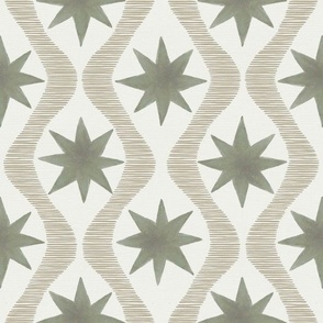 Olive green stars with wavy lines for wallpaper