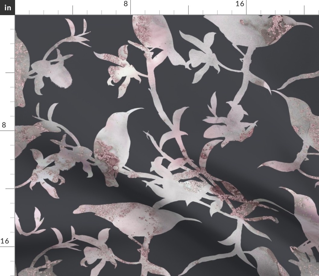 Hummingbirds Chinoiserie Rosegold Grey Large Scale