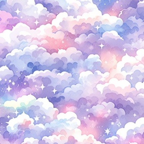 Whimsical Watercolor Sky Full of Stars and Clouds - Large 