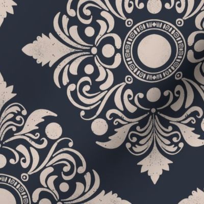Classic  whimsical  Italian Damask geometrical, navy blue and beige | Royal home decor