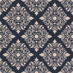 Classic  whimsical  Italian Damask geometrical, navy blue and beige | Royal home decor