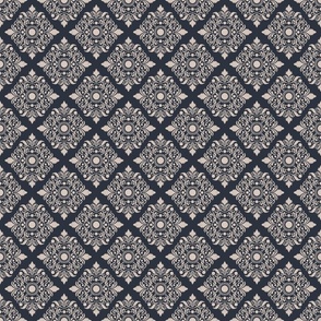 SMALL Classic  whimsical  Italian Damask geometrical, navy blue and beige | Royal home decor