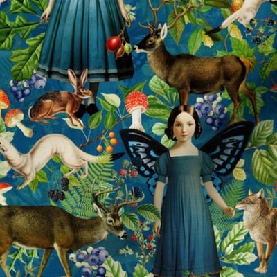 Costumer Request 12" Victorian gothic halloween aesthetic Fairytale, goth little girl fairies and wild animals in autumn blue woodland -  dark oliv green half size wallaper 