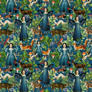 Costumer Request  10" Victorian gothic halloween aesthetic Fairytale, goth little girl fairies and wild animals in autumn blue woodland -  dark oliv green quarter size wallaper 