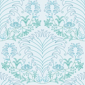 LARGE - Vintage diamond pattern with abstract flowers - blues and greens on bright gray
