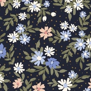 Tossed Spring Hand Painted Blossom Floral with Foliage in midnight navy, baby blue, cornflower blue and baby pink