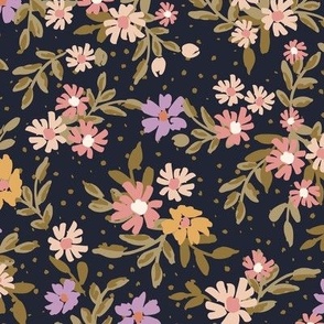 Tossed Spring Hand Painted Blossom Floral with Foliage in midnight navy blue, baby pink and olive