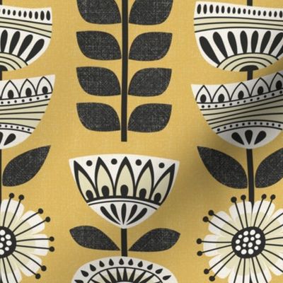 retro vertical garden - mid century modern geometric flowers - yellow background