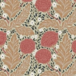 Small – Welcoming Walls – William Morris Inspired Trailing Peonies – Red, Beige, Pistachio green