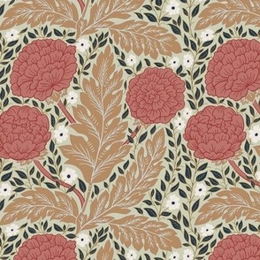 Medium – Welcoming Walls – William Morris Inspired Trailing Peonies – Red, Beige, Pistachio green