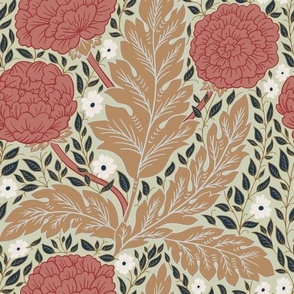 10in– Welcoming Walls – William Morris Inspired Trailing Peonies – Red, Beige, Pistachio green