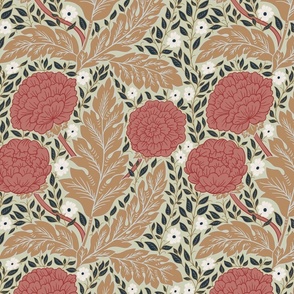 Large – Welcoming Walls – William Morris Inspired Trailing Peonies – Red, Beige, Pistachio green