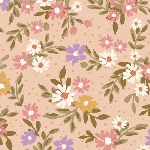 Tossed Spring Hand Painted Blossom Floral with Foliage in warm baby pink, lilac and olive