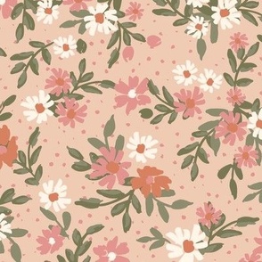 Tossed Spring Hand Painted Blossom Floral with Foliage in warm salmon pink, terracotta and olive