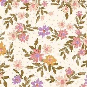 Tossed Spring Hand Painted Blossom Floral with Foliage in Pink, Lilac and Olive