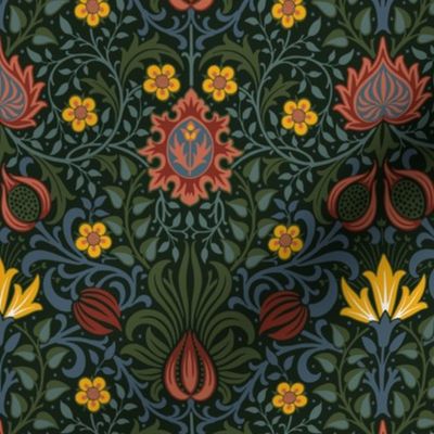 14" Persian - historic reconstructed damask wallpaper by William Morris -  black sage antiqued restored reconstruction  art nouveau art deco background - ArtsandCraftsMovementSF