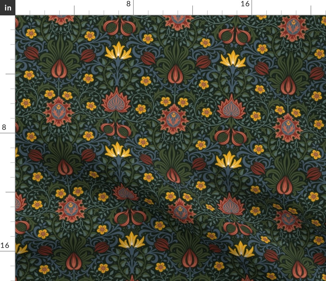 14" Persian - historic reconstructed damask wallpaper by William Morris -  black sage antiqued restored reconstruction  art nouveau art deco background - ArtsandCraftsMovementSF