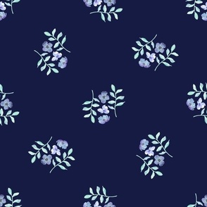 Petite Purple Flowers and Leaves in Midnight Blue