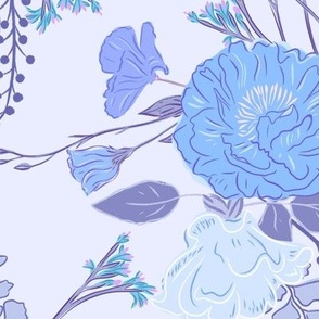 Peony and Scabious vintage posey in blues and lilacs , large scale