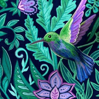 Hummingbird Chintz in Teal and Purple Large 