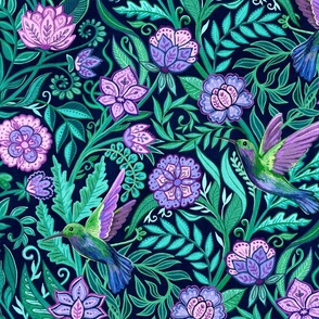 Hummingbird Chintz in Teal and Purple Large 
