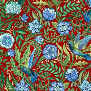 Hummingbird Chintz in Sapphire and Jade on Ruby Red Large 