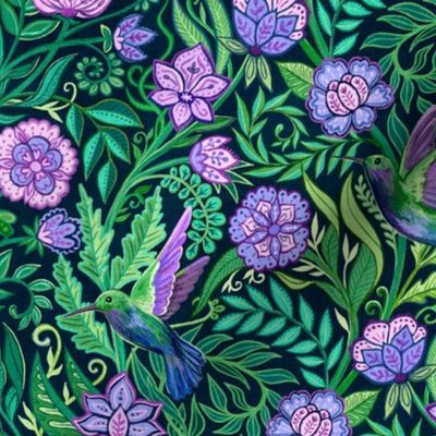 Hummingbird Chintz in Emerald and Amethyst Medium