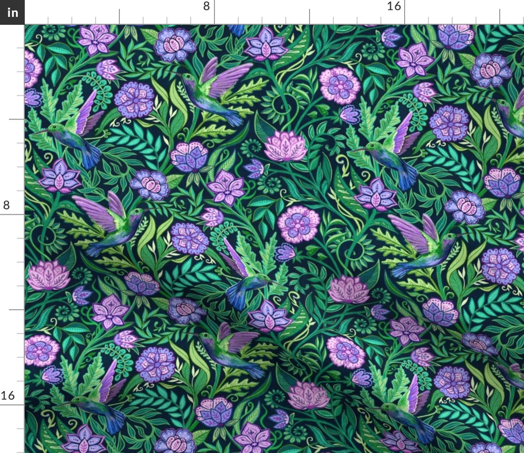 Hummingbird Chintz in Emerald and Amethyst Medium