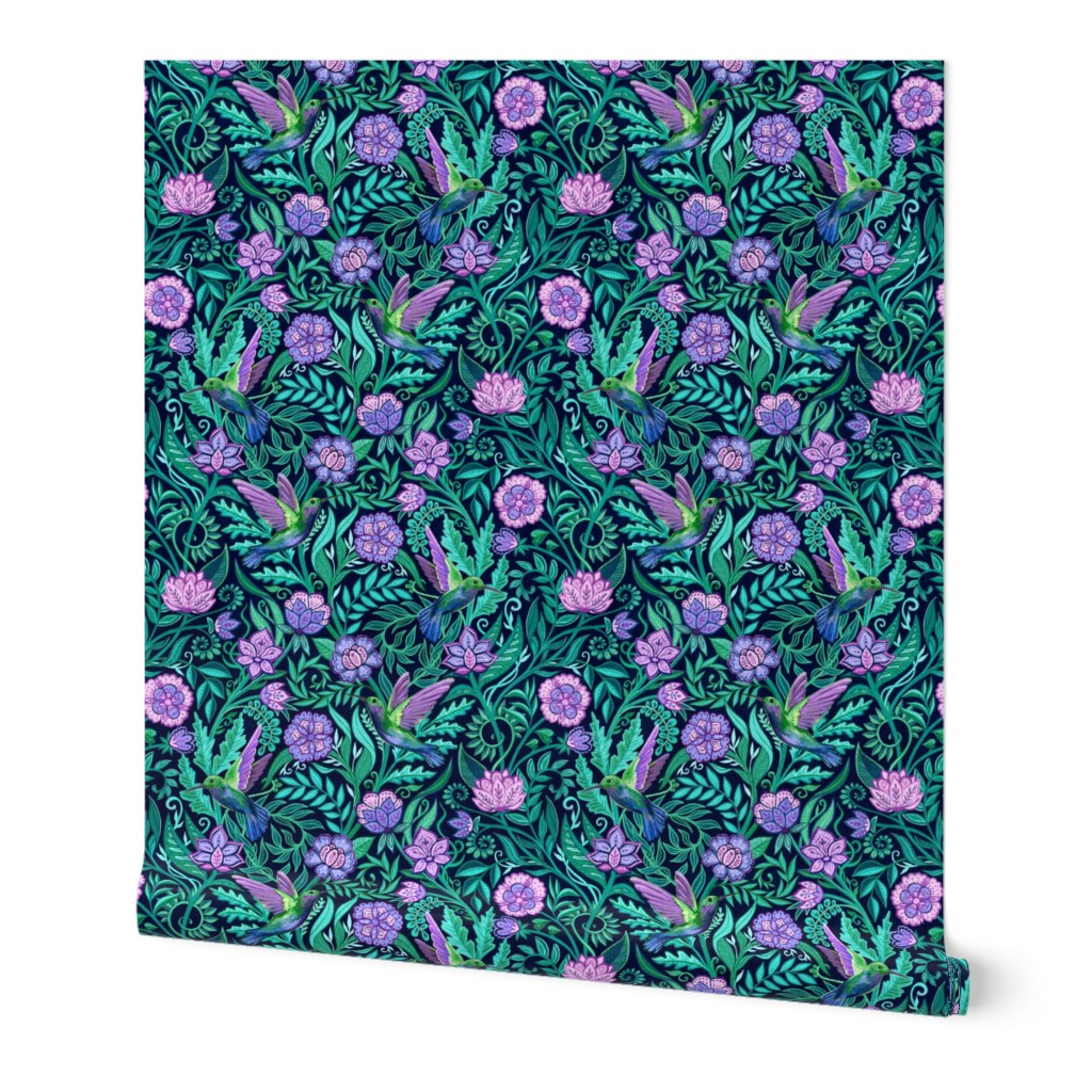 Hummingbird Chintz in Teal and Purple Medium