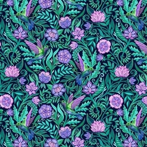Hummingbird Chintz in Teal and Purple Small