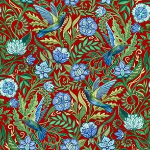 Hummingbird Chintz in Sapphire and Jade on Ruby Red Medium