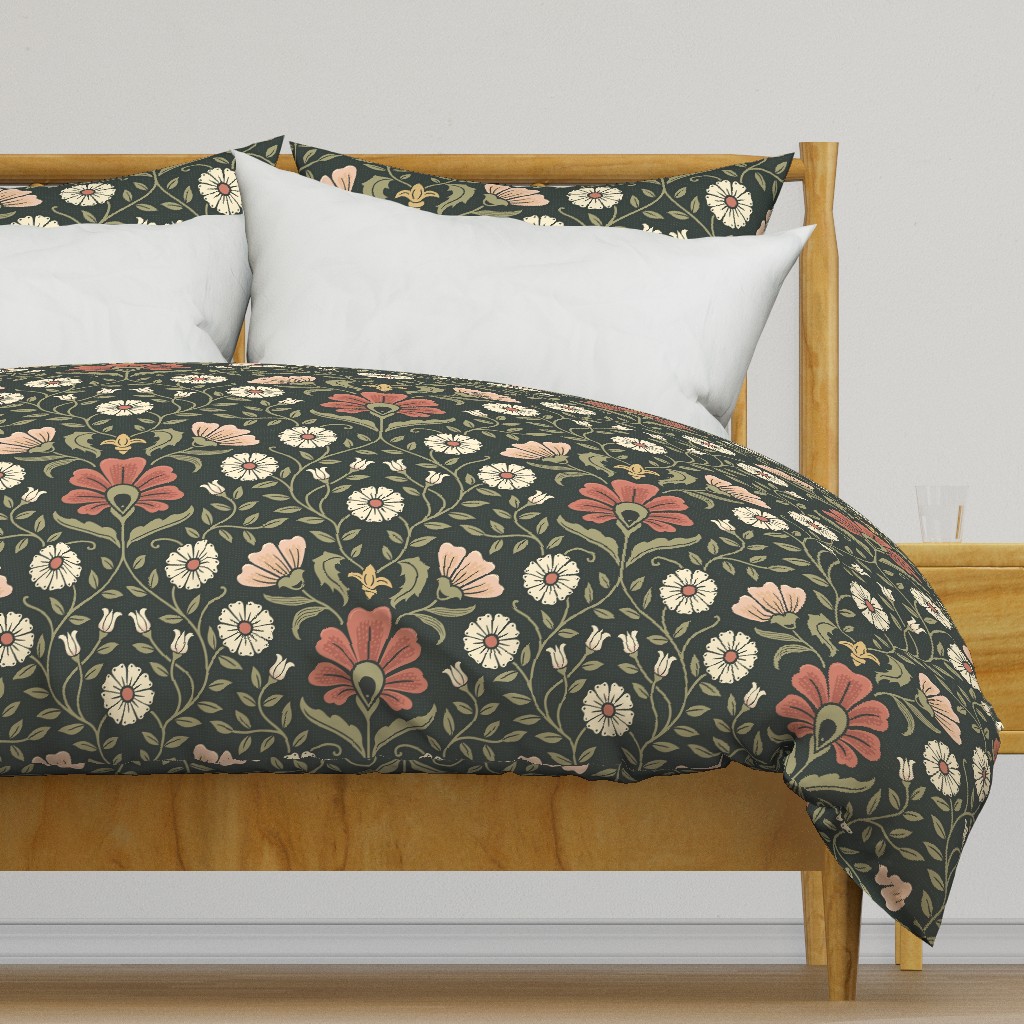 Welcoming vintage garden - arts and crafts style floral in warm rust red and olive green on dark green - extra large