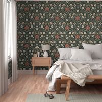 Welcoming vintage garden - arts and crafts style floral in warm rust red and olive green on dark green - extra large