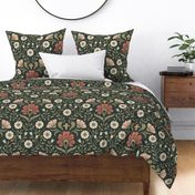 Welcoming vintage garden - arts and crafts style floral in warm rust red and olive green on dark green - extra large