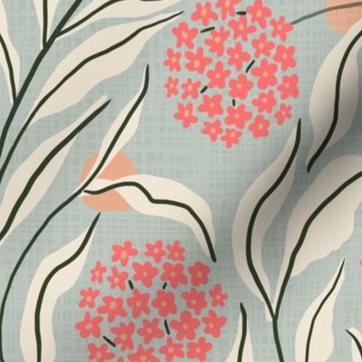 [large] Modern Trailing Floral - Hydrangea, Ixora - Vivid Watermelon Pink Flowers on Muted Dusky Blue Green